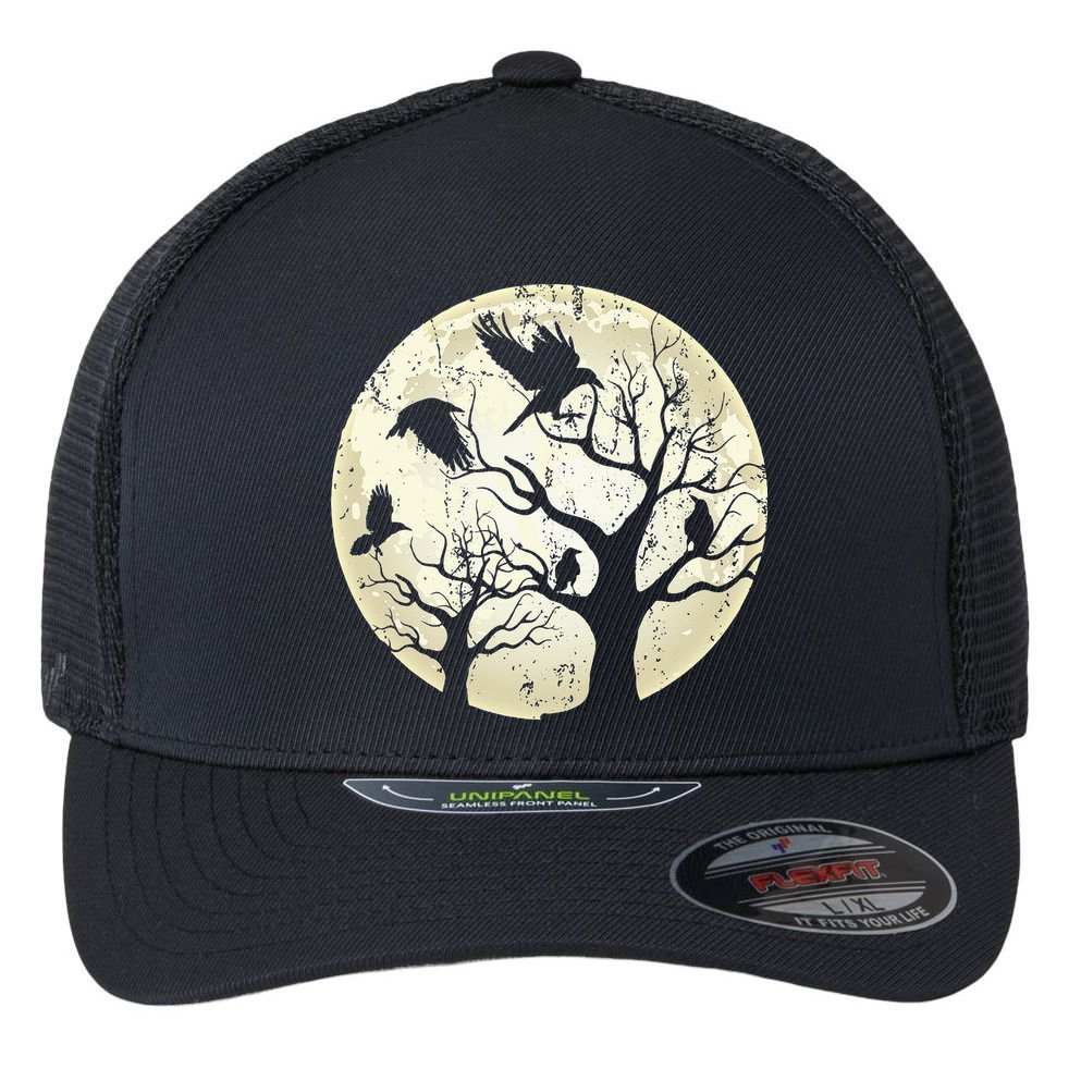 Gothic Animal Forest Bird Raven Creepy Night Moonlight Crow Flexfit Unipanel Trucker Cap