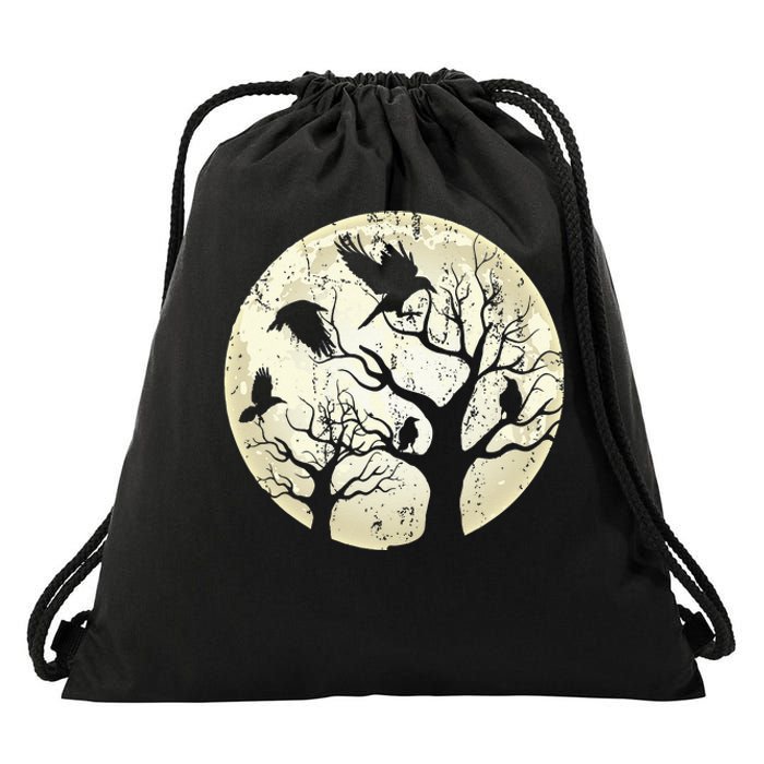 Gothic Animal Forest Bird Raven Creepy Night Moonlight Crow Drawstring Bag