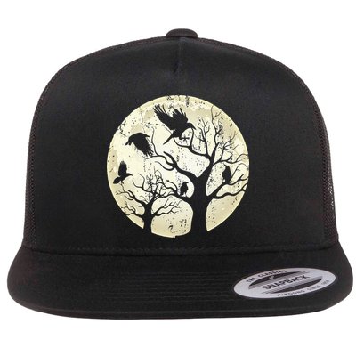 Gothic Animal Forest Bird Raven Creepy Night Moonlight Crow Flat Bill Trucker Hat