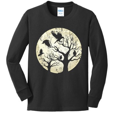 Gothic Animal Forest Bird Raven Creepy Night Moonlight Crow Kids Long Sleeve Shirt