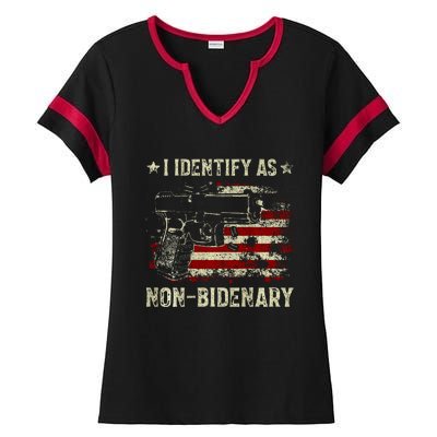 Gun American Flag Funny I Identify As NonBidenary  Ladies Halftime Notch Neck Tee