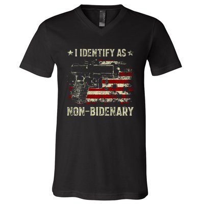 Gun American Flag Funny I Identify As NonBidenary  V-Neck T-Shirt