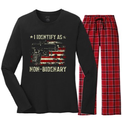 Gun American Flag Funny I Identify As NonBidenary  Women's Long Sleeve Flannel Pajama Set 