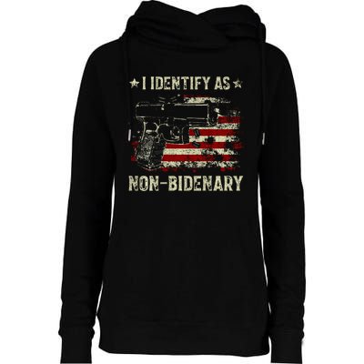 Gun American Flag Funny I Identify As NonBidenary  Womens Funnel Neck Pullover Hood