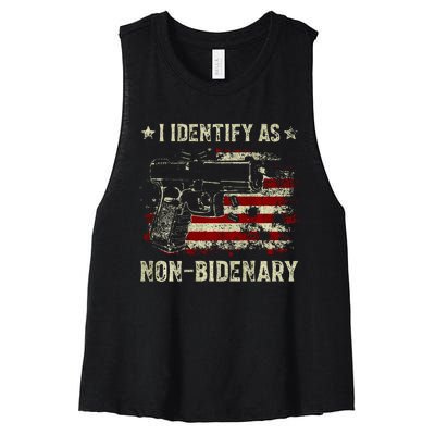 Gun American Flag Funny I Identify As NonBidenary  Women's Racerback Cropped Tank