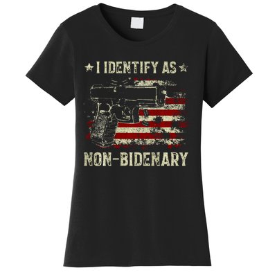 Gun American Flag Funny I Identify As NonBidenary  Women's T-Shirt