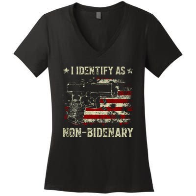 Gun American Flag Funny I Identify As NonBidenary  Women's V-Neck T-Shirt