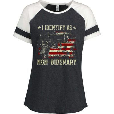 Gun American Flag Funny I Identify As NonBidenary  Enza Ladies Jersey Colorblock Tee