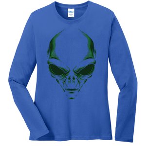 Green Alien Face Halloween Costume Funny Ladies Long Sleeve Shirt