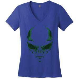 Green Alien Face Halloween Costume Funny Women's V-Neck T-Shirt