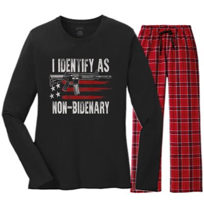 Gun American Flag I Identify As NonBidenary Women's Long Sleeve Flannel Pajama Set 