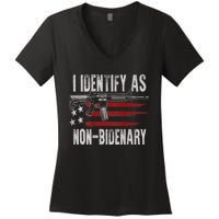 Gun American Flag I Identify As NonBidenary Women's V-Neck T-Shirt