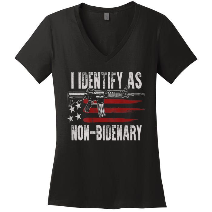 Gun American Flag I Identify As NonBidenary Women's V-Neck T-Shirt