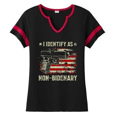 Gun American Flag Funny I Identify As Non Bidenary Ladies Halftime Notch Neck Tee