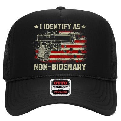 Gun American Flag Funny I Identify As NonBidenary High Crown Mesh Back Trucker Hat