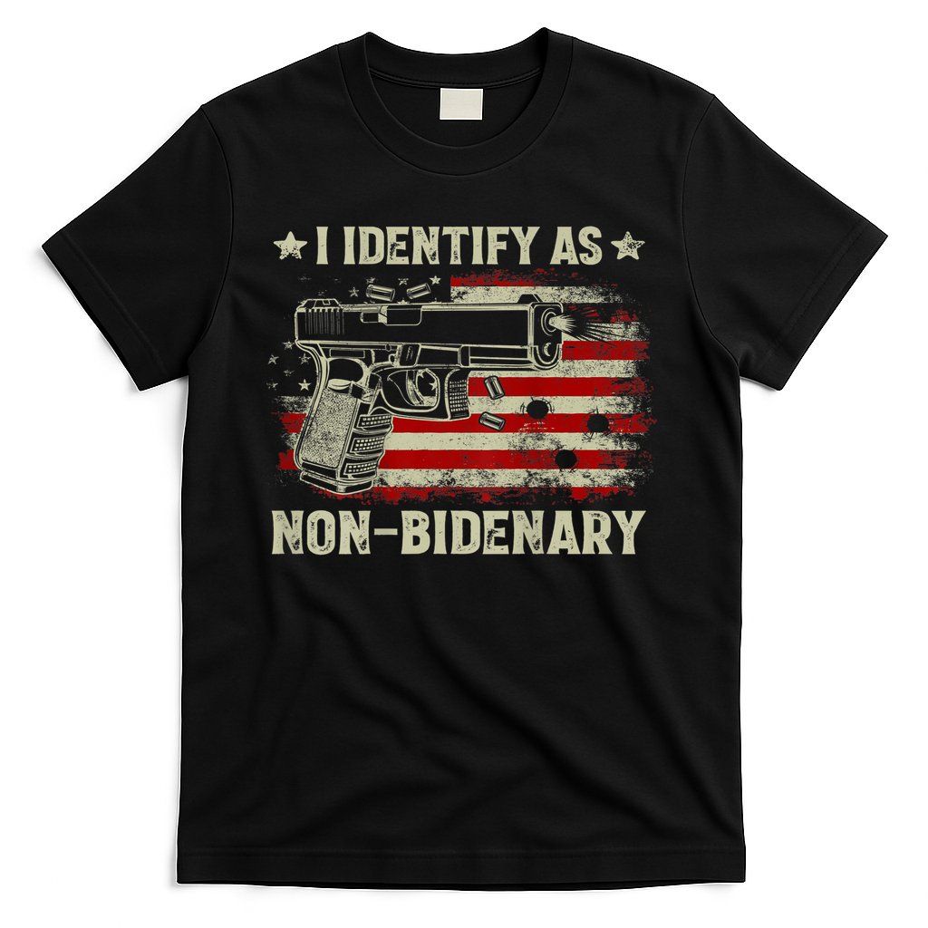 Gun American Flag Funny I Identify As NonBidenary T-Shirt