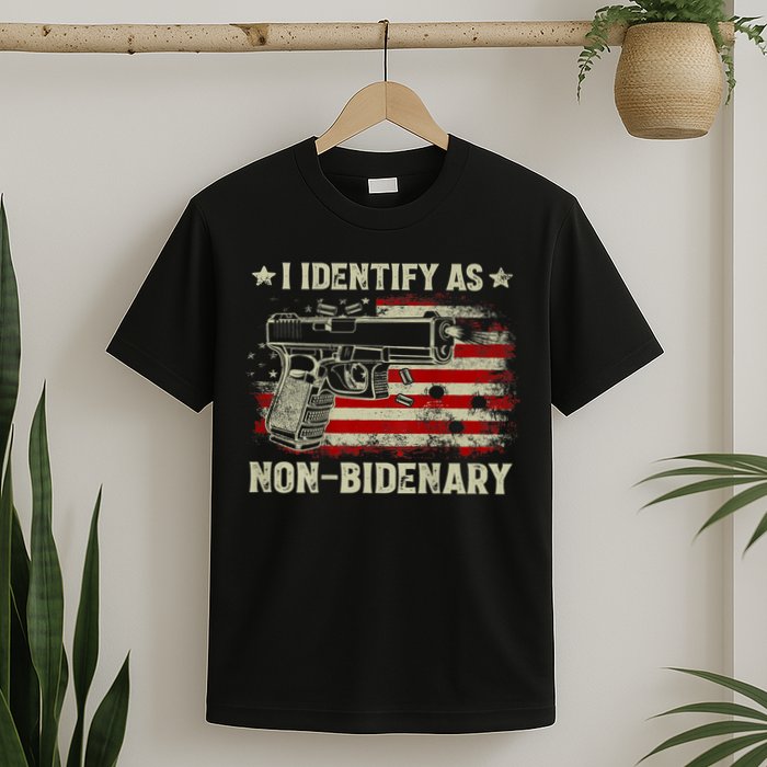 Gun American Flag Funny I Identify As NonBidenary T-Shirt