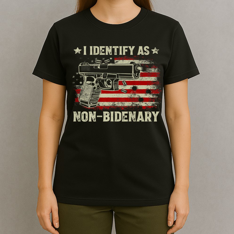 Gun American Flag Funny I Identify As NonBidenary T-Shirt