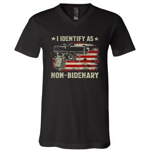 Gun American Flag Funny I Identify As NonBidenary V-Neck T-Shirt