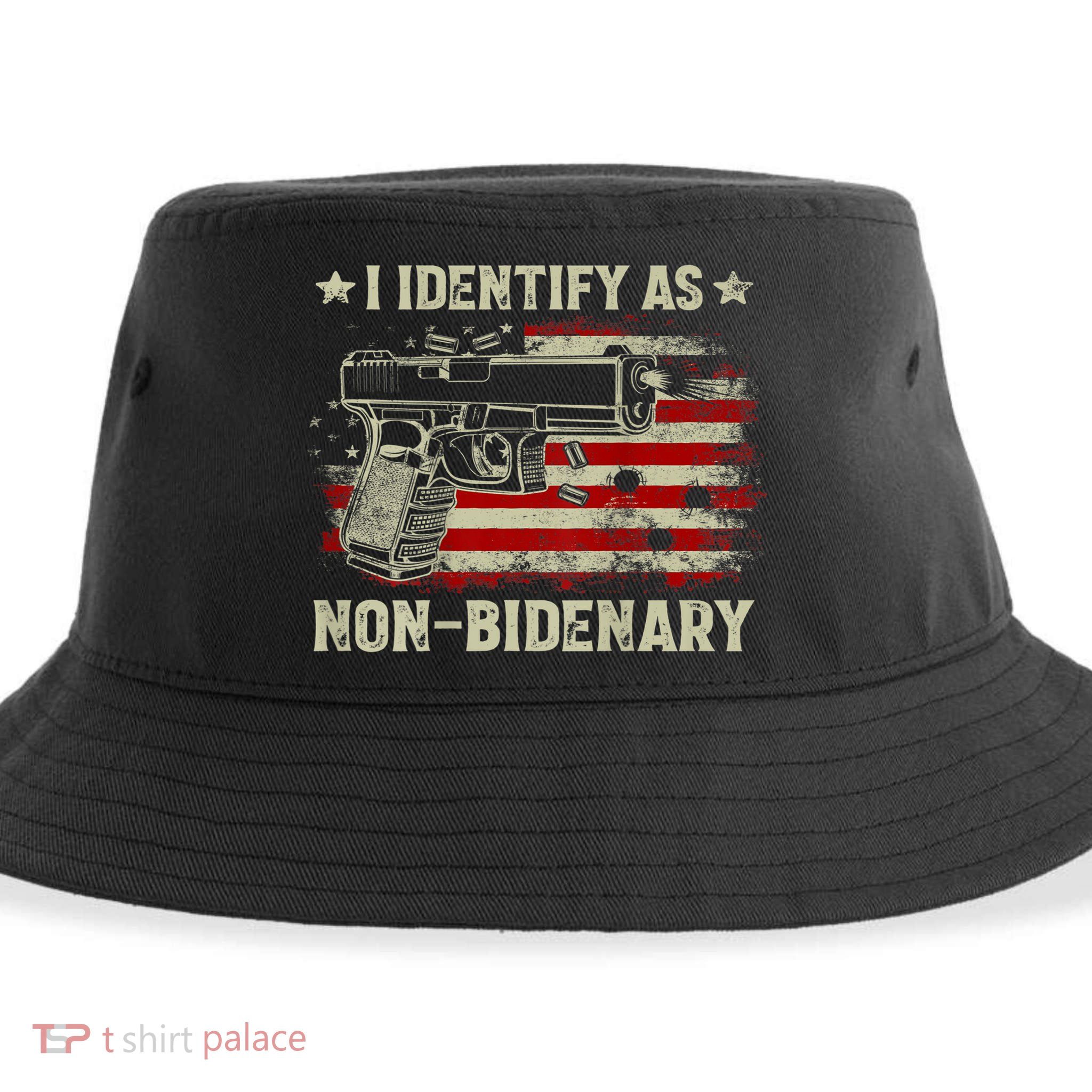 Gun American Flag Funny I Identify As NonBidenary Sustainable Bucket Hat