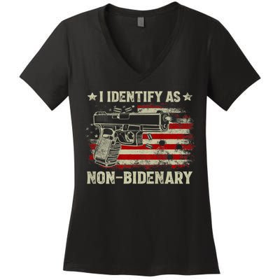 Gun American Flag Funny I Identify As NonBidenary Women's V-Neck T-Shirt