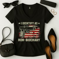 Gun American Flag Funny I Identify As NonBidenary Women's V-Neck T-Shirt