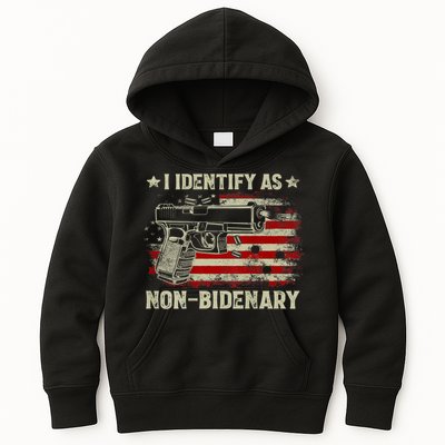 Gun American Flag Funny I Identify As NonBidenary Kids Hoodie