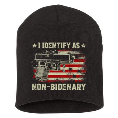 Gun American Flag Funny I Identify As NonBidenary Short Acrylic Beanie