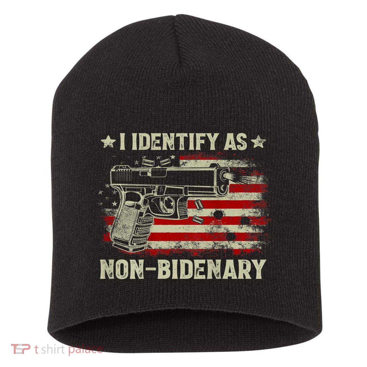 Gun American Flag Funny I Identify As NonBidenary Short Acrylic Beanie
