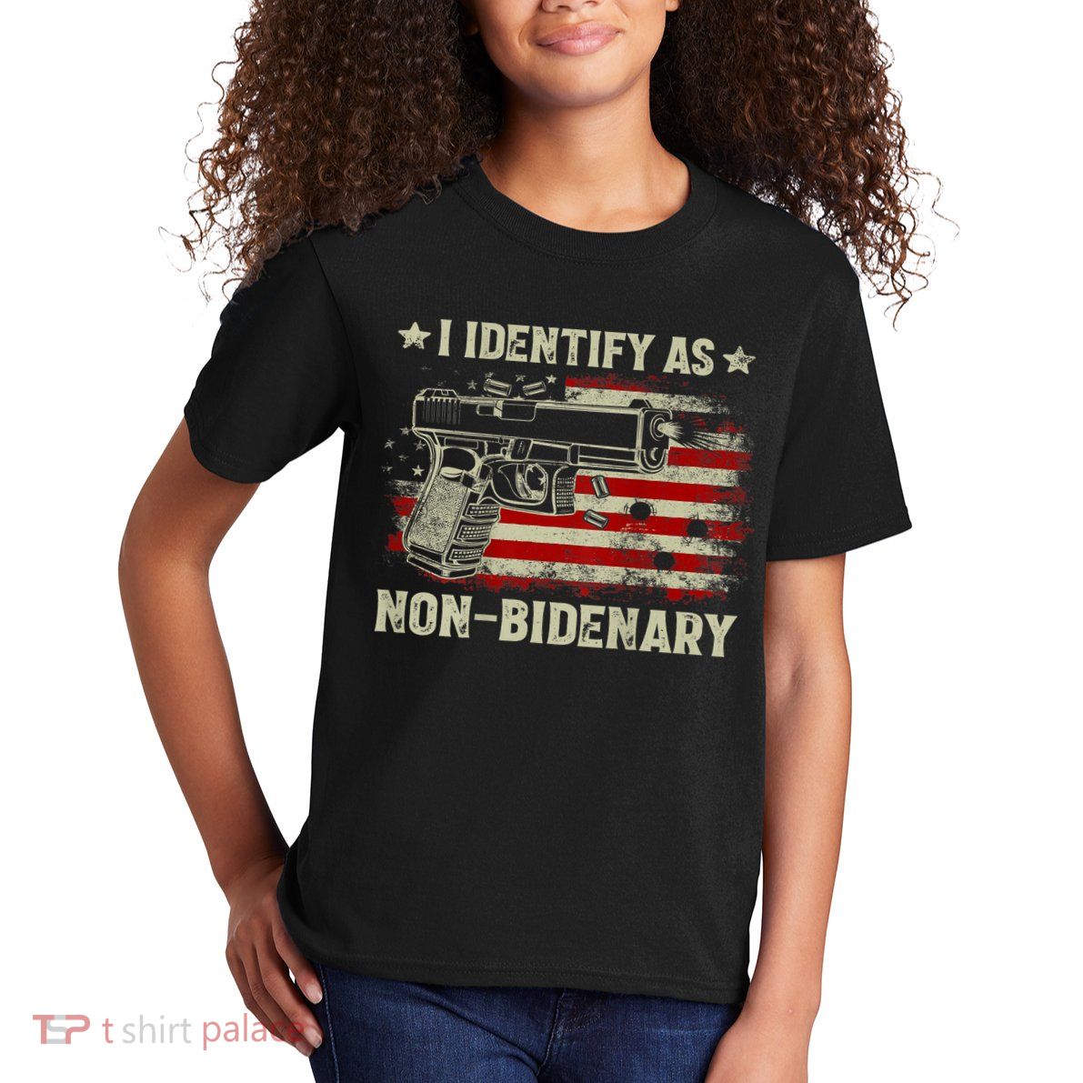 Gun American Flag Funny I Identify As NonBidenary Kids T-Shirt