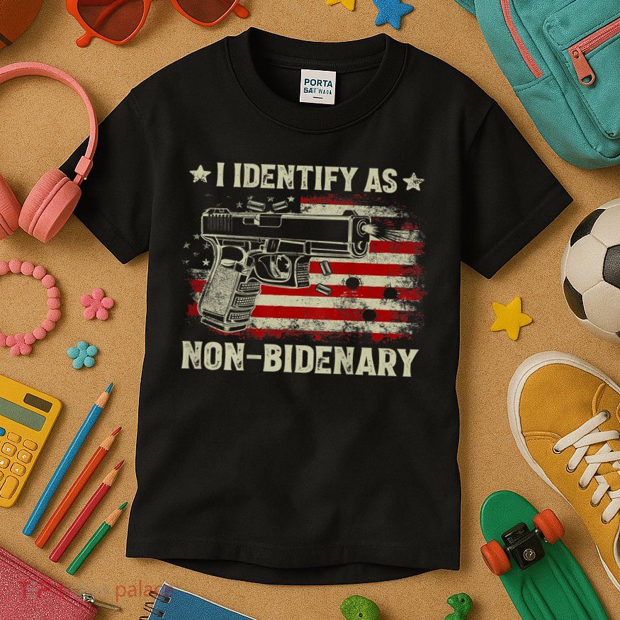 Gun American Flag Funny I Identify As NonBidenary Kids T-Shirt