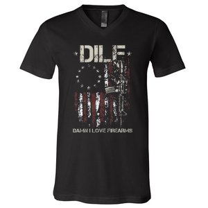 Gun American Flag DILF Damn I Love Firearms V-Neck T-Shirt