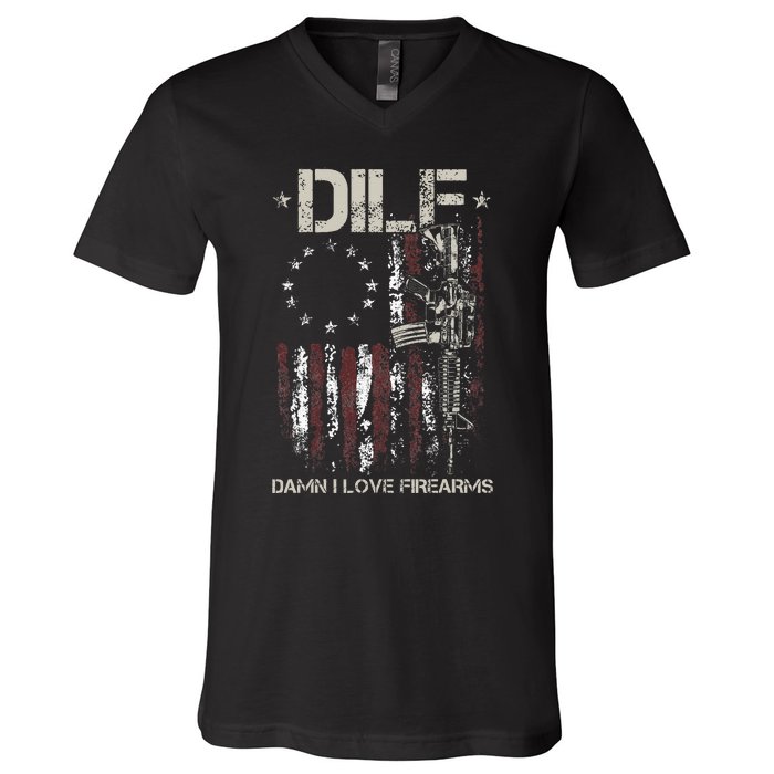 Gun American Flag DILF Damn I Love Firearms V-Neck T-Shirt