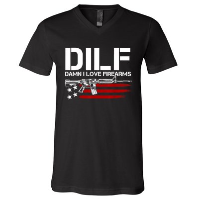 Gun American Flag DILF Damn I Love Firearms V-Neck T-Shirt