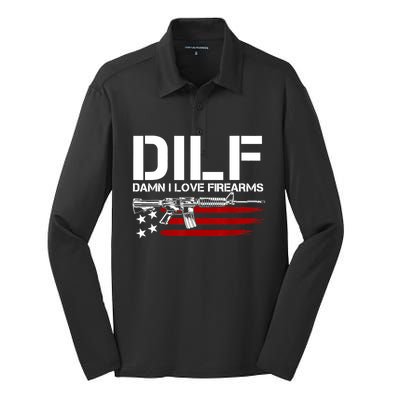 Gun American Flag DILF Damn I Love Firearms Silk Touch Performance Long Sleeve Polo