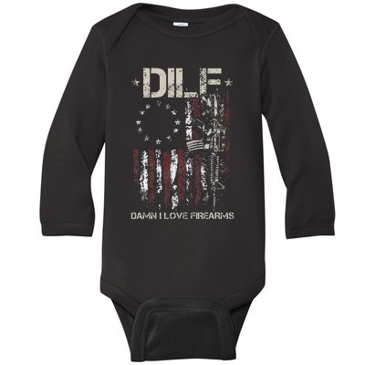 Gun American Flag DILF Damn I Love Firearms Baby Long Sleeve Bodysuit