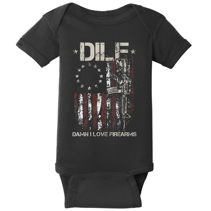 Gun American Flag DILF Damn I Love Firearms Baby Bodysuit