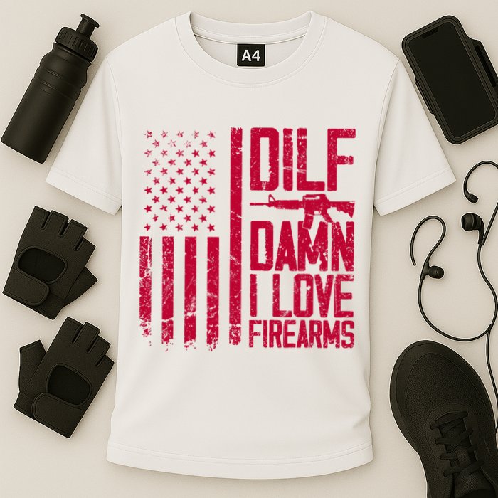 Gun American Flag Dilf Damn I Love Firearms Cooling Performance Crew T-Shirt