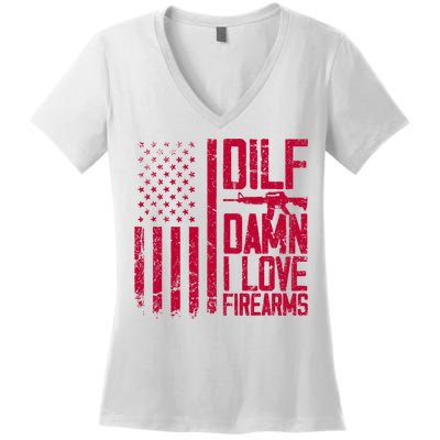 Gun American Flag Dilf Damn I Love Firearms Women's V-Neck T-Shirt