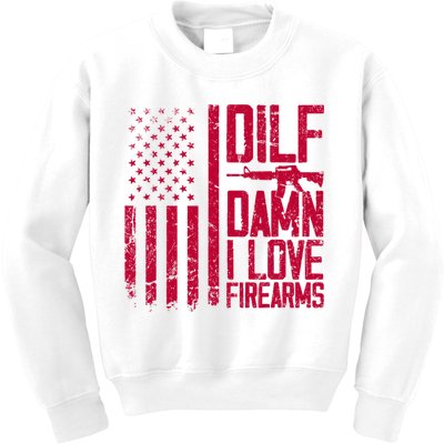 Gun American Flag Dilf Damn I Love Firearms Kids Sweatshirt