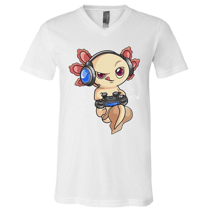 Gaming Axolotl Gamers Kawaii Video Game Funny Animal V-Neck T-Shirt