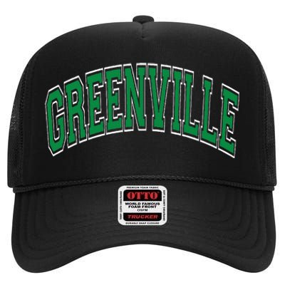 Greenville Arched Green Text High Crown Mesh Back Trucker Hat