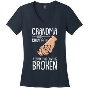 Grandma And Grandson A Bond That Cant Be Broken Autism Gift Women's V-Neck T-Shirt