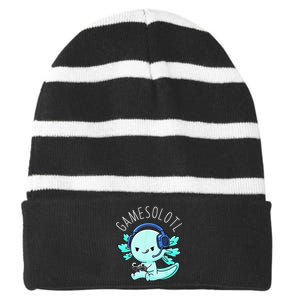 Gamesolotl Axolotl Gamer Anime Gifts Kawaii Striped Beanie with Solid Band