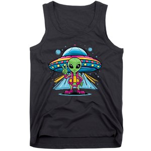 Groovy Alien Halloween Costume Funny Alien With Spaceship Tank Top