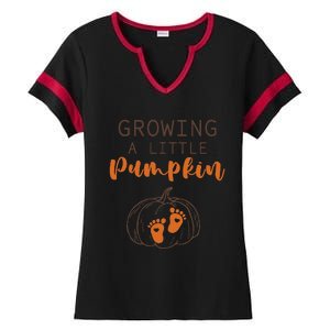 Growing A Little Pumpkin Pregnancy Reveal Thanksgiving Funny Ladies Halftime Notch Neck Tee