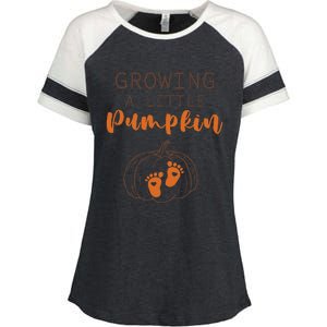 Growing A Little Pumpkin Pregnancy Reveal Thanksgiving Funny Enza Ladies Jersey Colorblock Tee