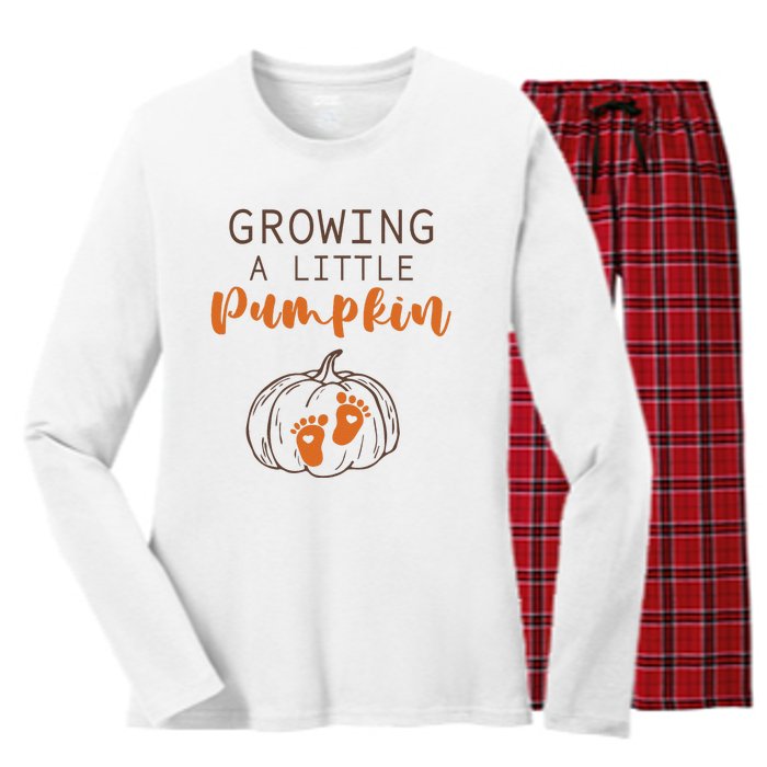 Growing A Little Pumpkin Pregnancy Reveal Thanksgiving Funny Women's Long Sleeve Flannel Pajama Set 