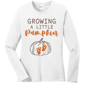 Growing A Little Pumpkin Pregnancy Reveal Thanksgiving Funny Ladies Long Sleeve Shirt