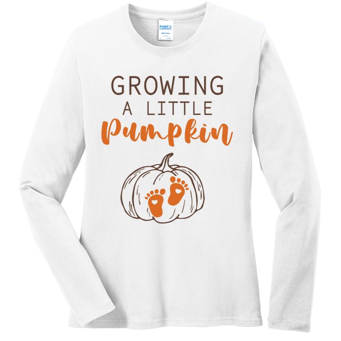 Growing A Little Pumpkin Pregnancy Reveal Thanksgiving Funny Ladies Long Sleeve Shirt